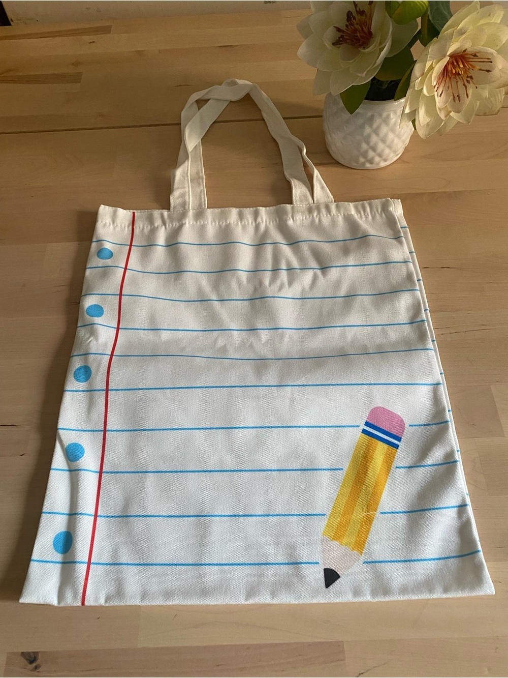 Canvas Notebook-Print Tote Bag White with Blue & Yellow Pencil